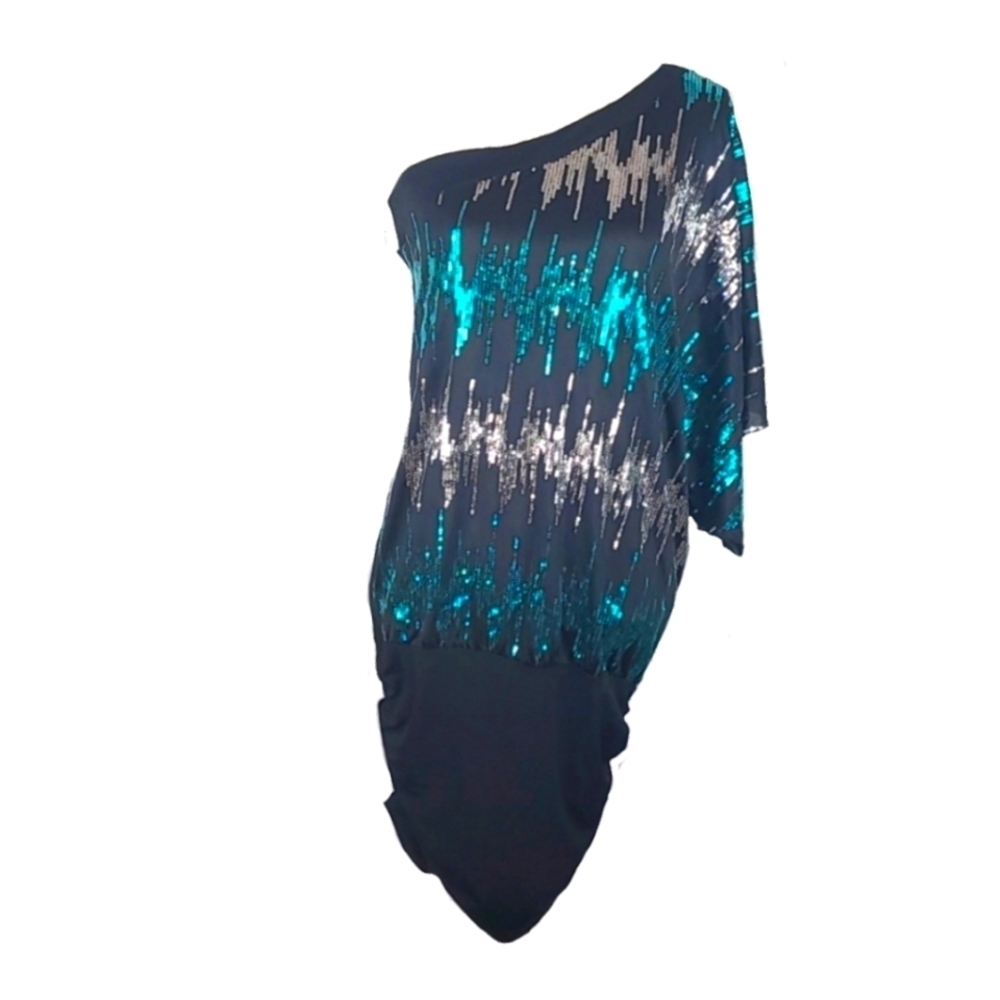 Metallic Multicolor Sequined One Shoulder Dress in Silver Blue Black, M